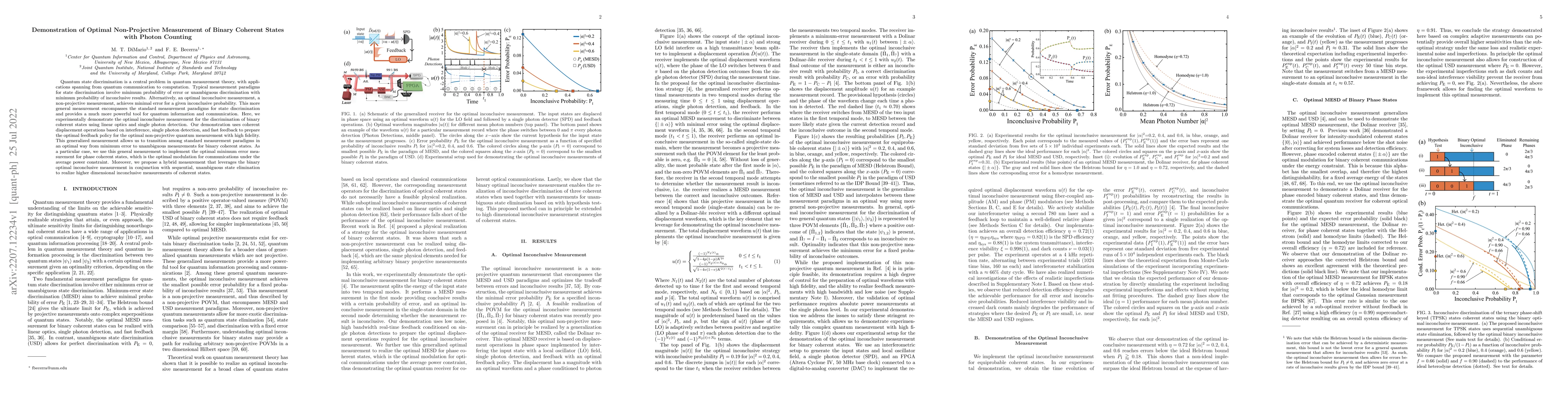 Thumbnail for Demonstration of optimal non-projective measurement of binary coherent
  states with photon counting