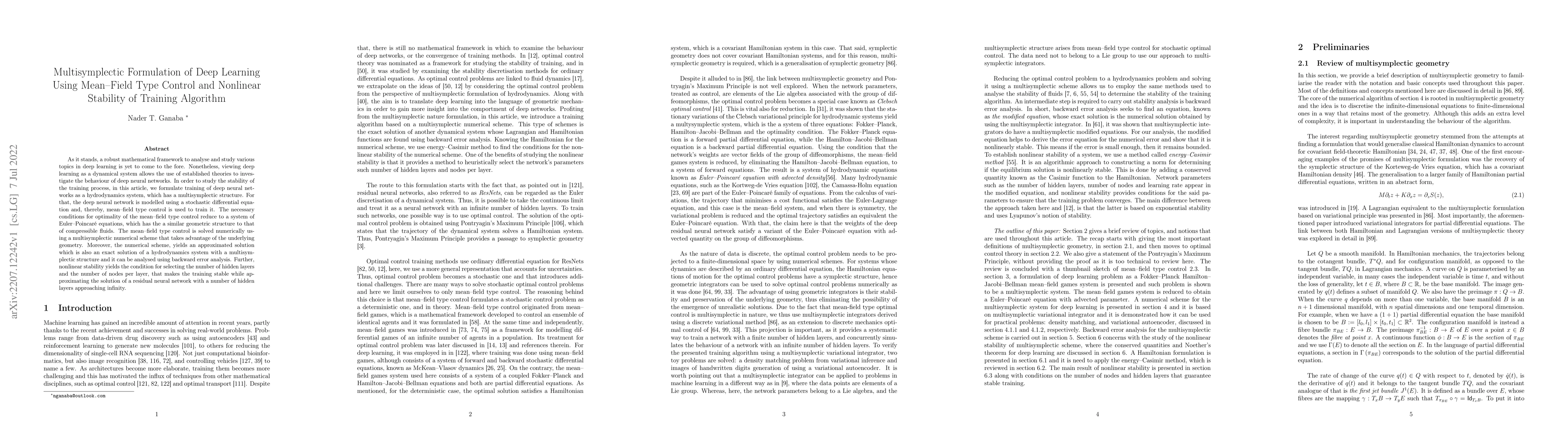Thumbnail for Multisymplectic Formulation of Deep Learning Using Mean--Field Type
  Control and Nonlinear Stability of Training Algorithm