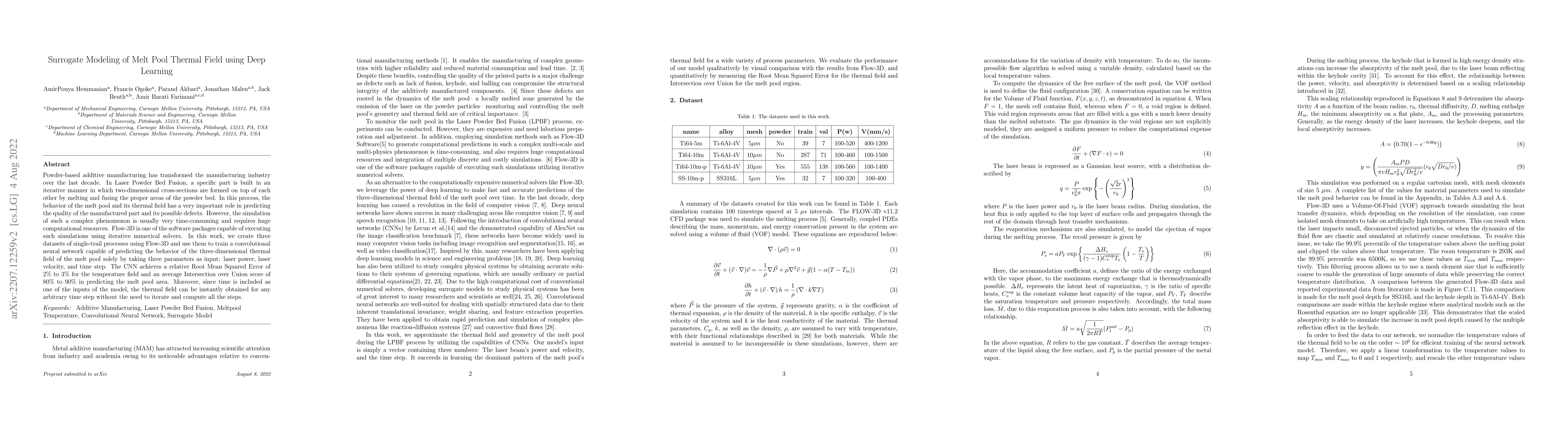 Thumbnail for Surrogate Modeling of Melt Pool Thermal Field using Deep Learning