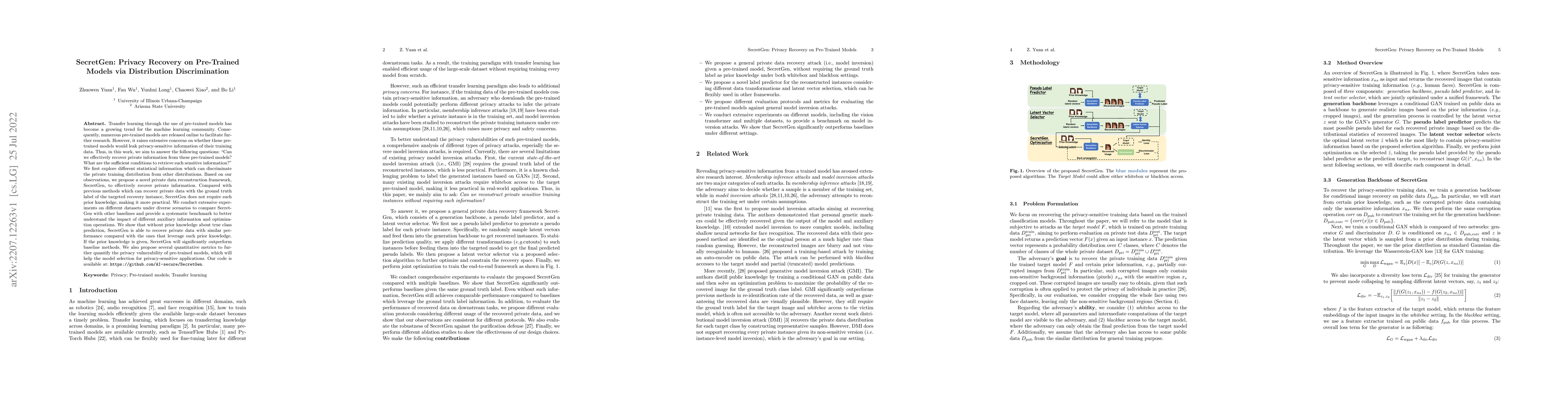 Thumbnail for SecretGen: Privacy Recovery on Pre-Trained Models via Distribution
  Discrimination