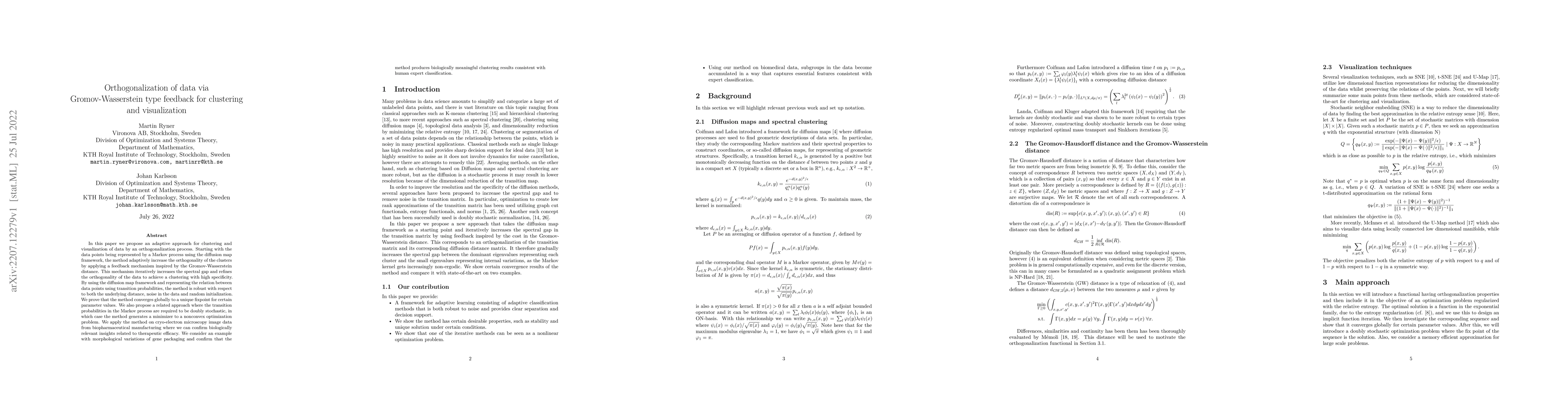 Thumbnail for Orthogonalization of data via Gromov-Wasserstein type feedback for
  clustering and visualization