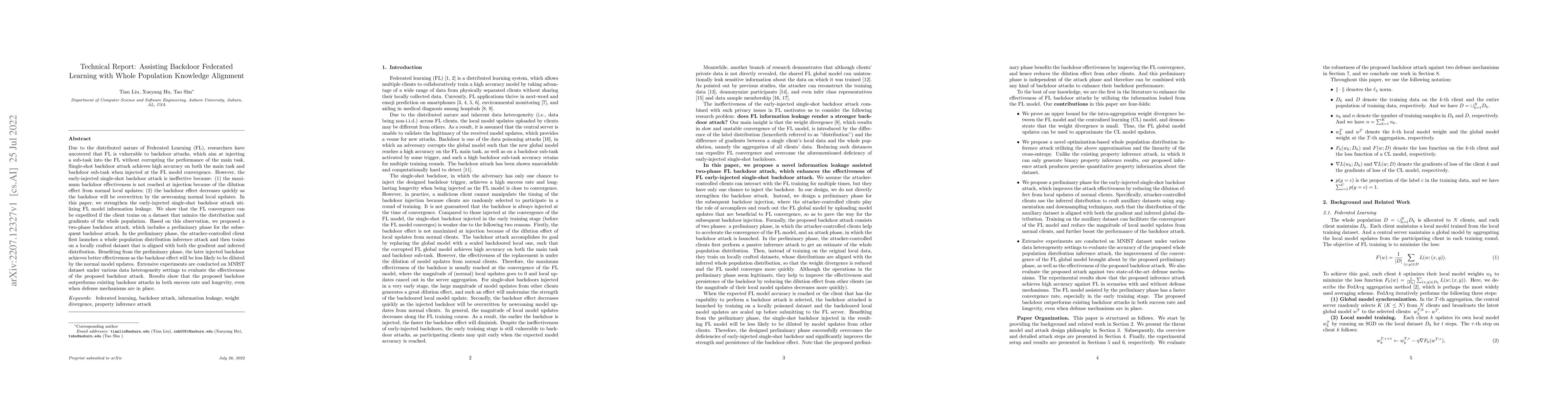 Thumbnail for Technical Report: Assisting Backdoor Federated Learning with Whole
  Population Knowledge Alignment