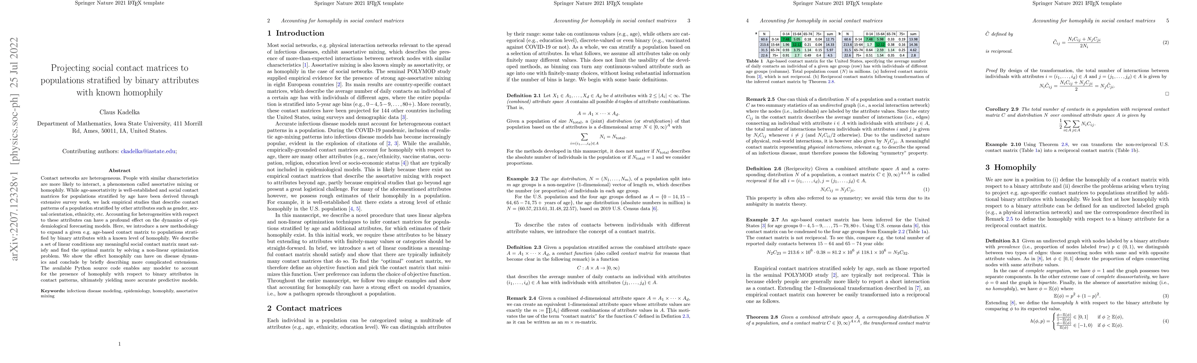 Thumbnail for Projecting social contact matrices to populations stratified by binary
  attributes with known homophily