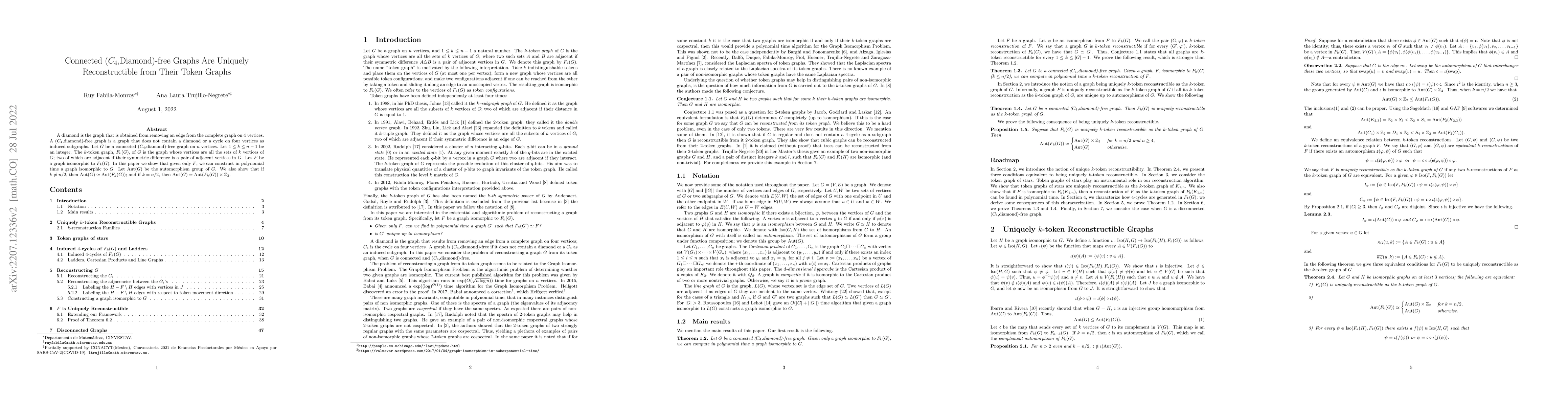 Thumbnail for Connected ($C_4$,Diamond)-free Graphs Are Uniquely Reconstructible from
  Their Token Graphs