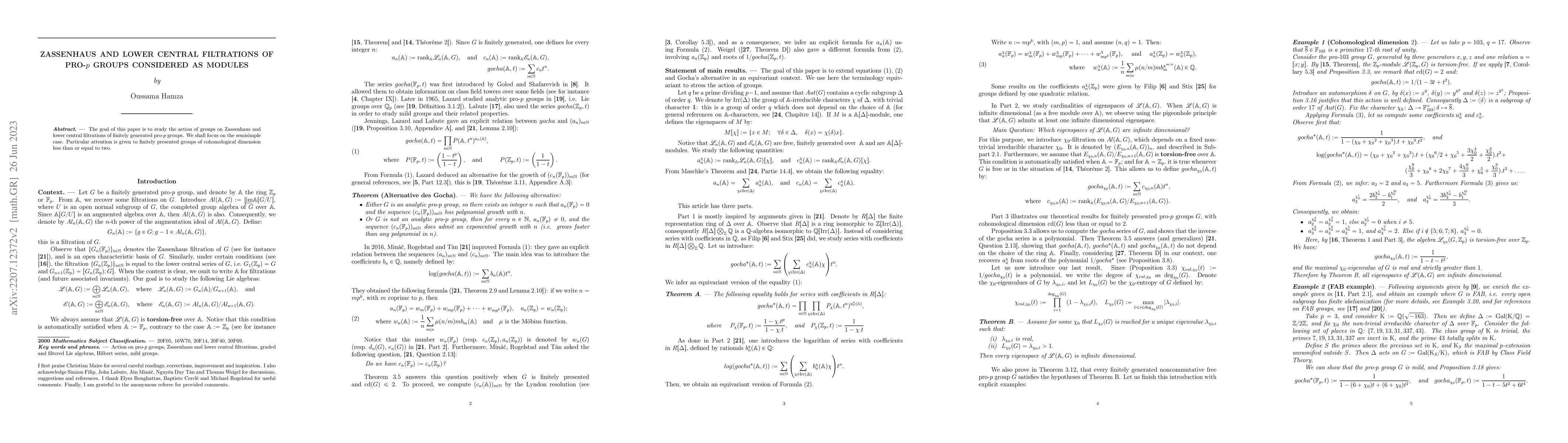 Thumbnail for Zassenhaus and lower central filtrations of pro-$p$ groups considered as
  modules
