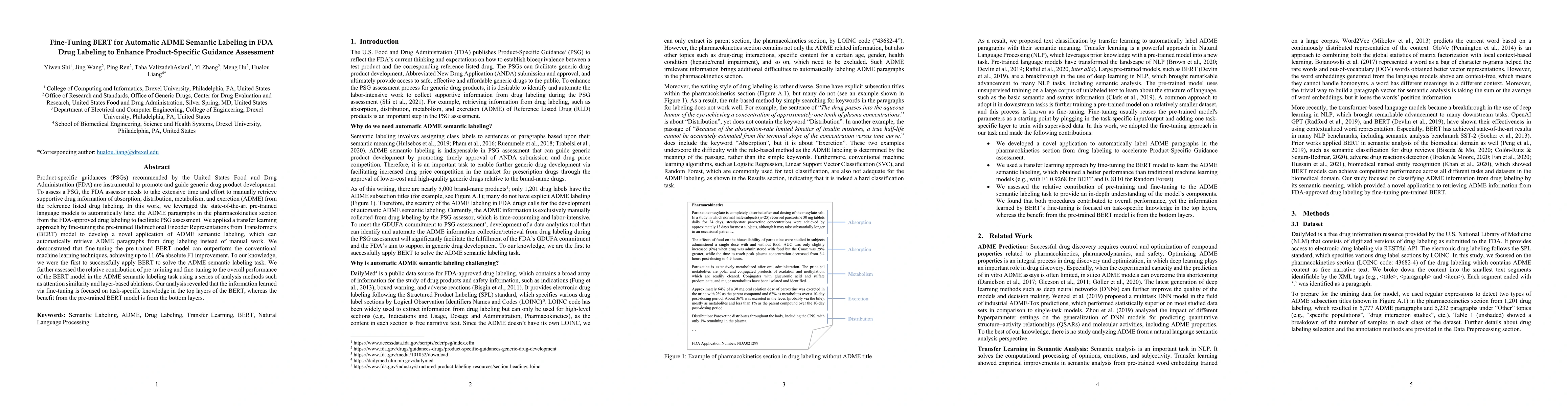 Thumbnail for Fine-Tuning BERT for Automatic ADME Semantic Labeling in FDA Drug
  Labeling to Enhance Product-Specific Guidance Assessment