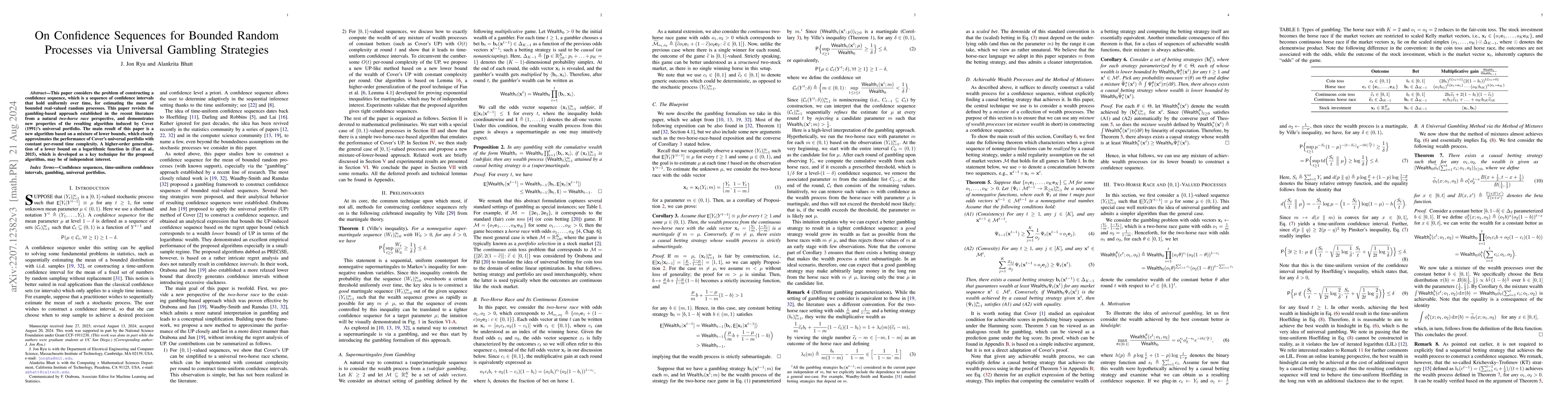 Thumbnail for On Confidence Sequences for Bounded Random Processes via Universal
  Gambling Strategies