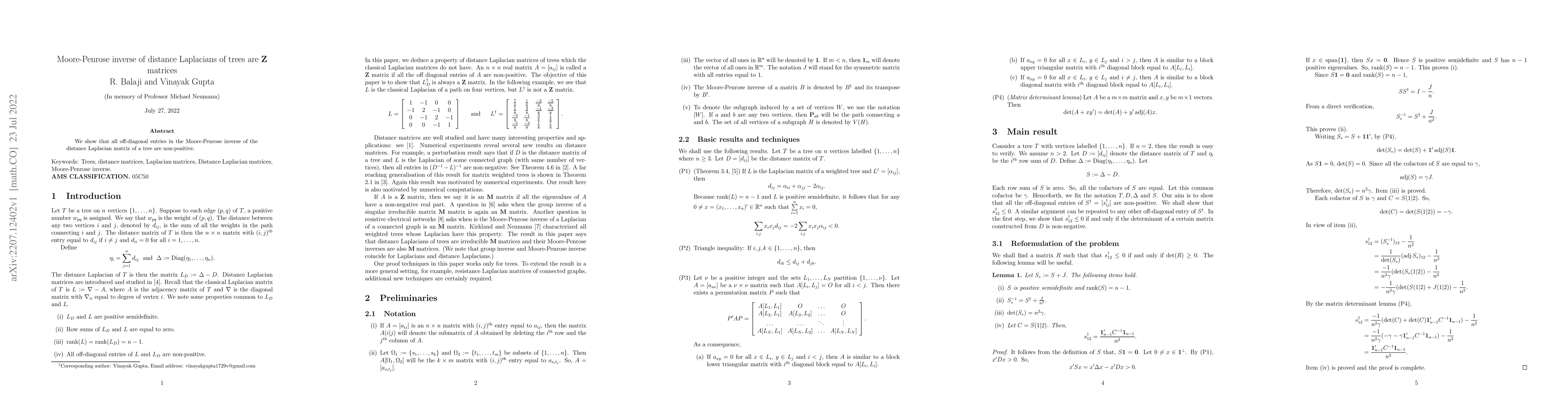 Thumbnail for Moore-Penrose inverse of distance Laplacians of trees are Z matrices