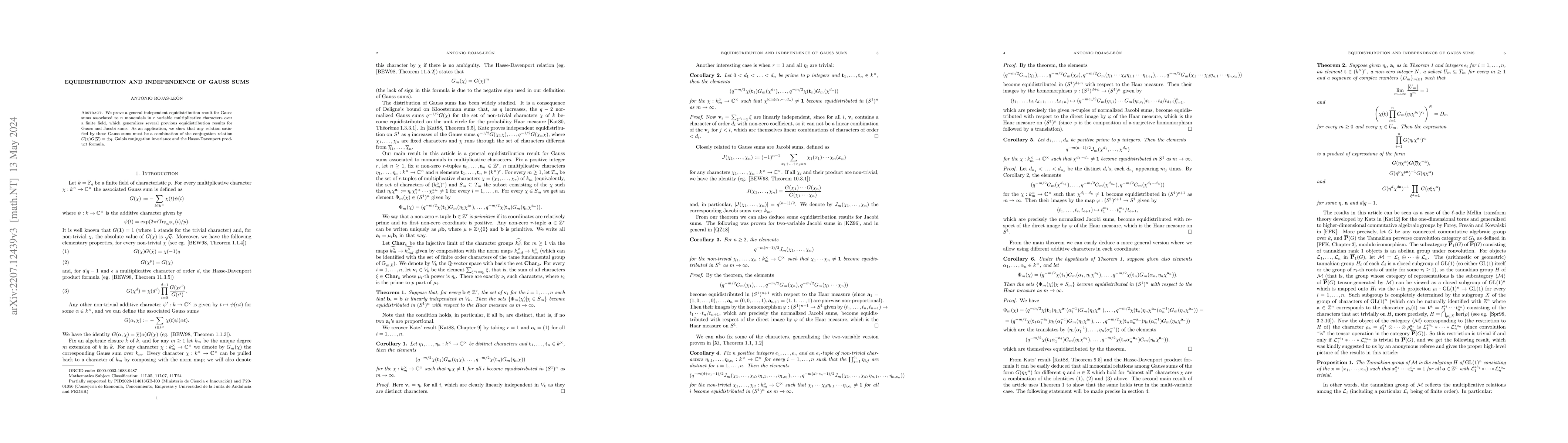 Thumbnail for Equidistribution and independence of Gauss sums