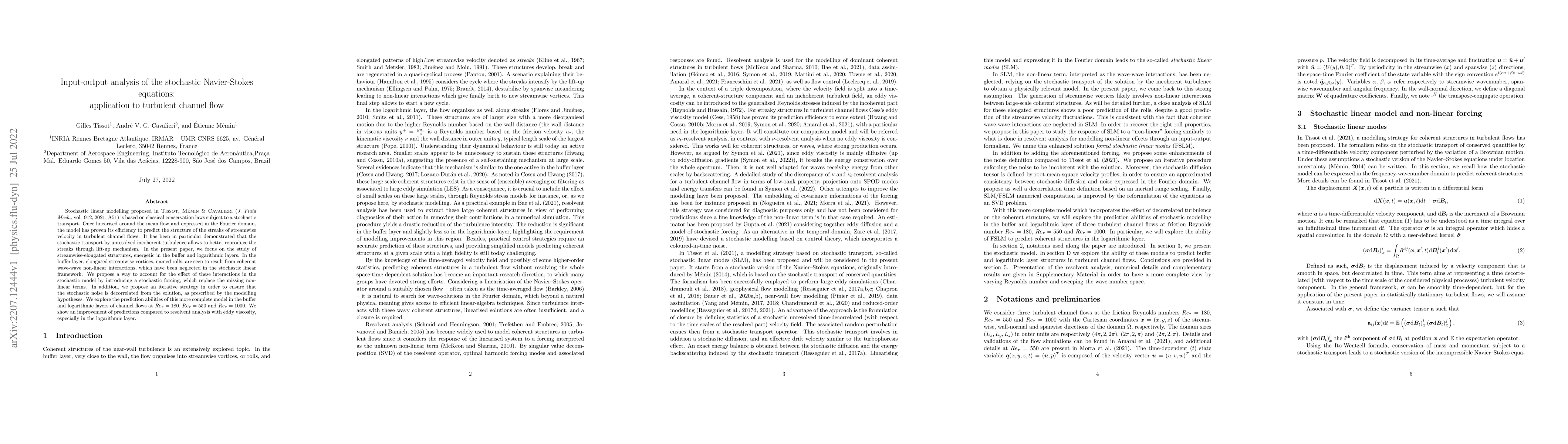 Thumbnail for Input-output analysis of the stochastic Navier-Stokes equations:
  application to turbulent channel flow