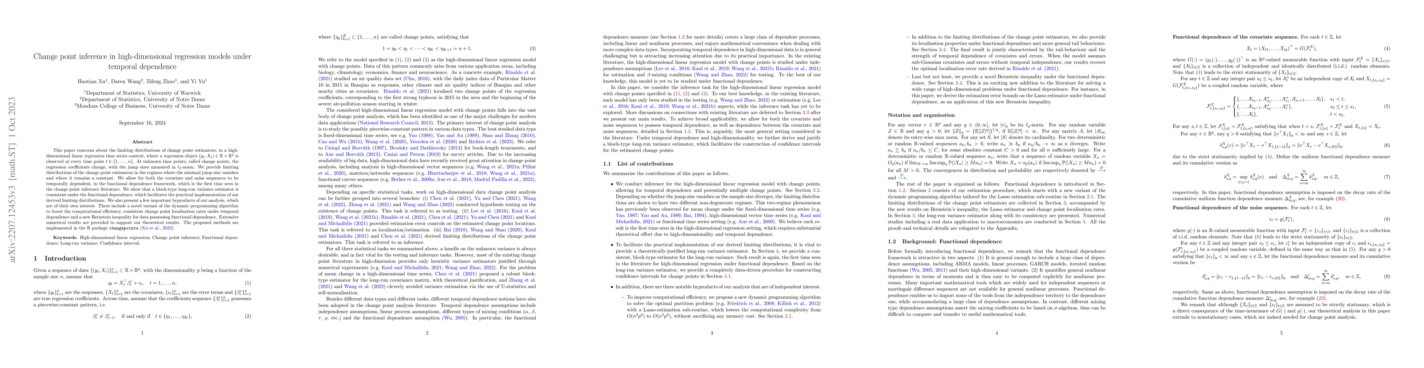Thumbnail for Change point inference in high-dimensional regression models under
  temporal dependence