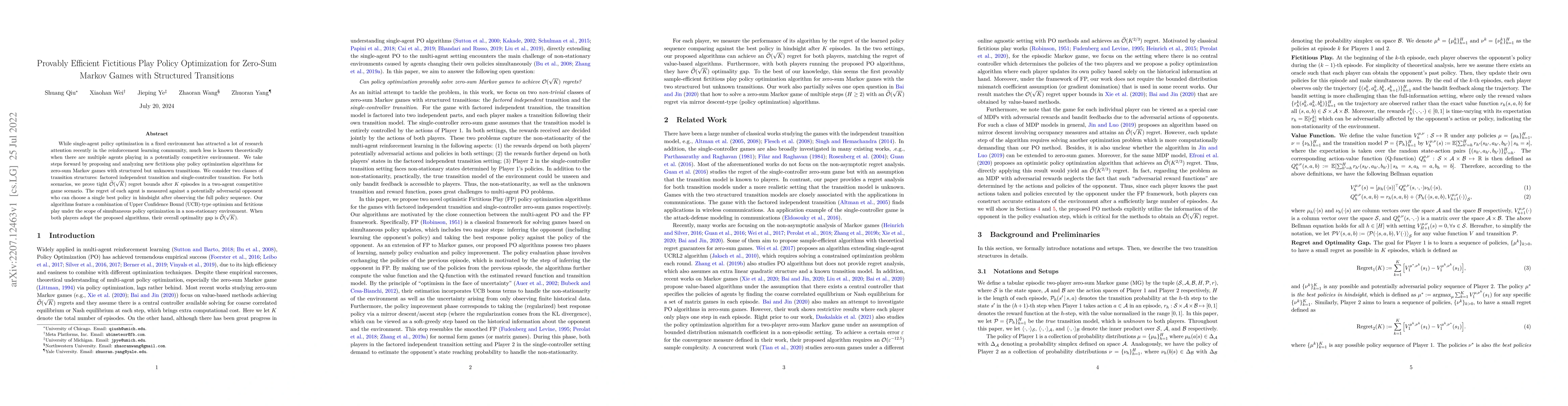 Thumbnail for Provably Efficient Fictitious Play Policy Optimization for Zero-Sum
  Markov Games with Structured Transitions