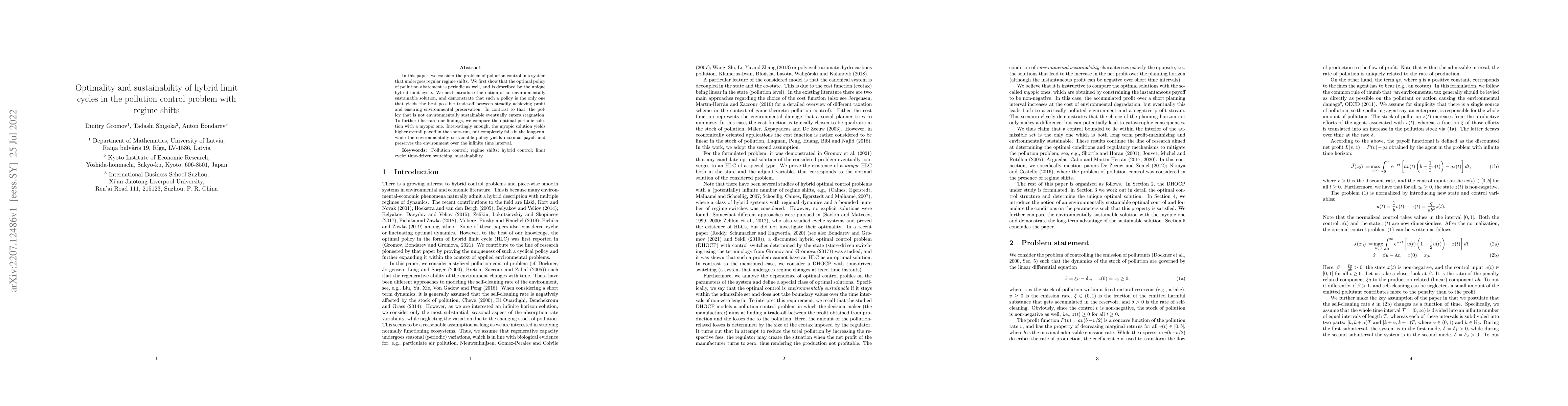 Thumbnail for Optimality and sustainability of hybrid limit cycles in the pollution
  control problem with regime shifts