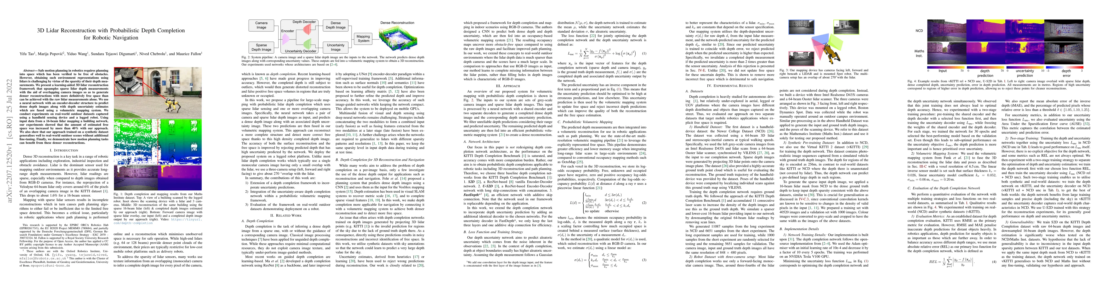 Thumbnail for 3D Lidar Reconstruction with Probabilistic Depth Completion for Robotic
  Navigation