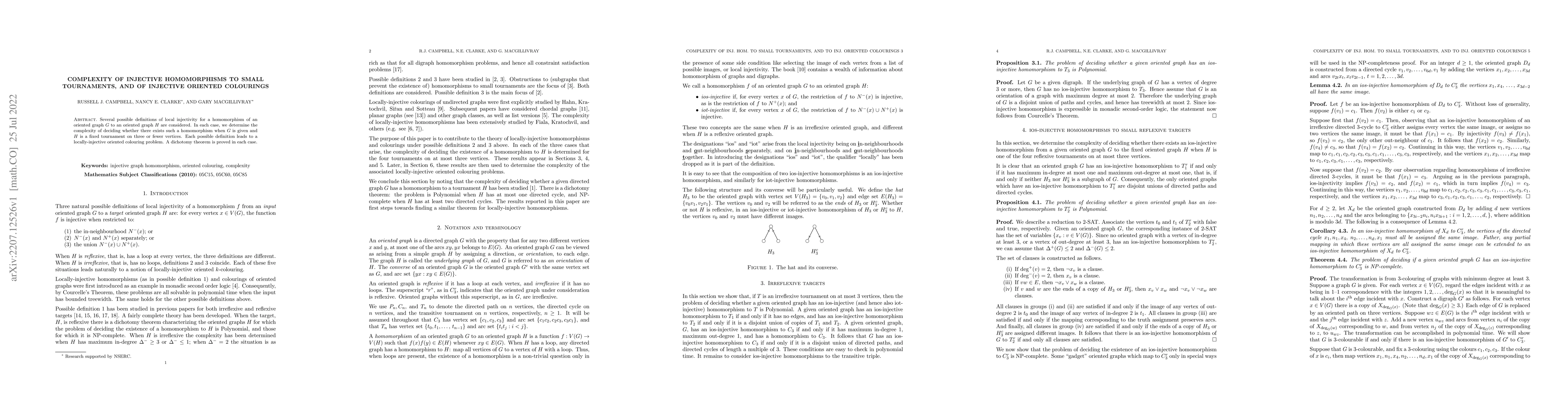 Thumbnail for Complexity of injective homomorphisms to small tournaments, and of
  injective oriented colourings