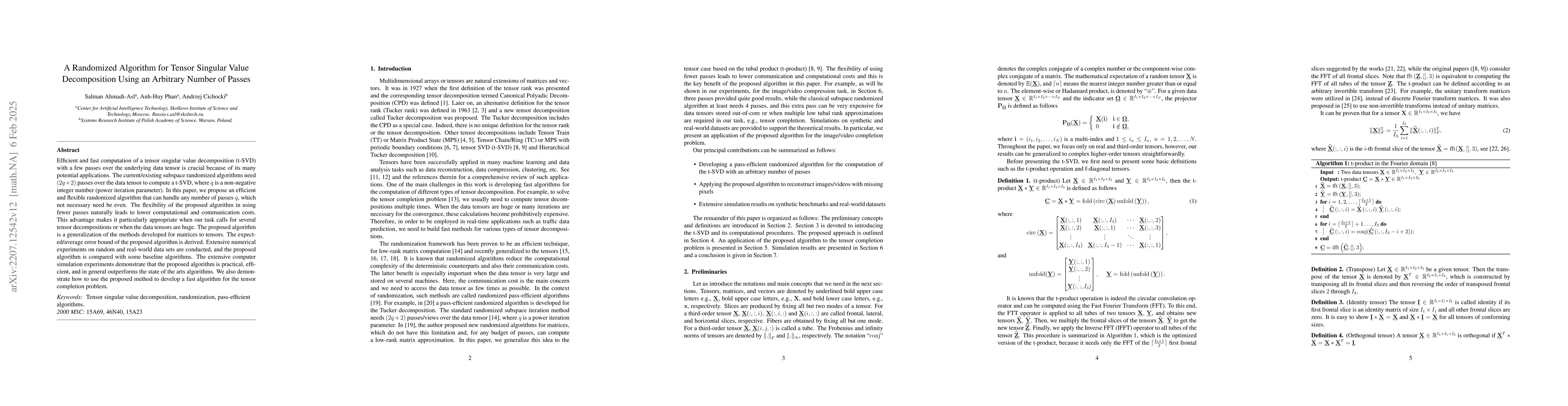 Thumbnail for A Randomized Algorithm for Tensor Singular Value Decomposition using an
  Arbitrary Number of Passes