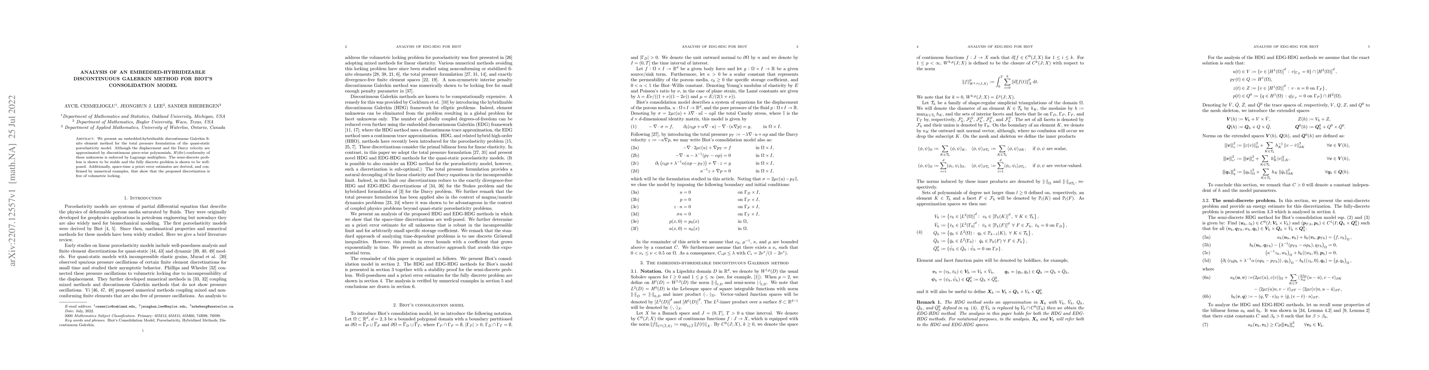 Thumbnail for Analysis of an embedded-hybridizable discontinuous Galerkin method for
  Biot's consolidation model