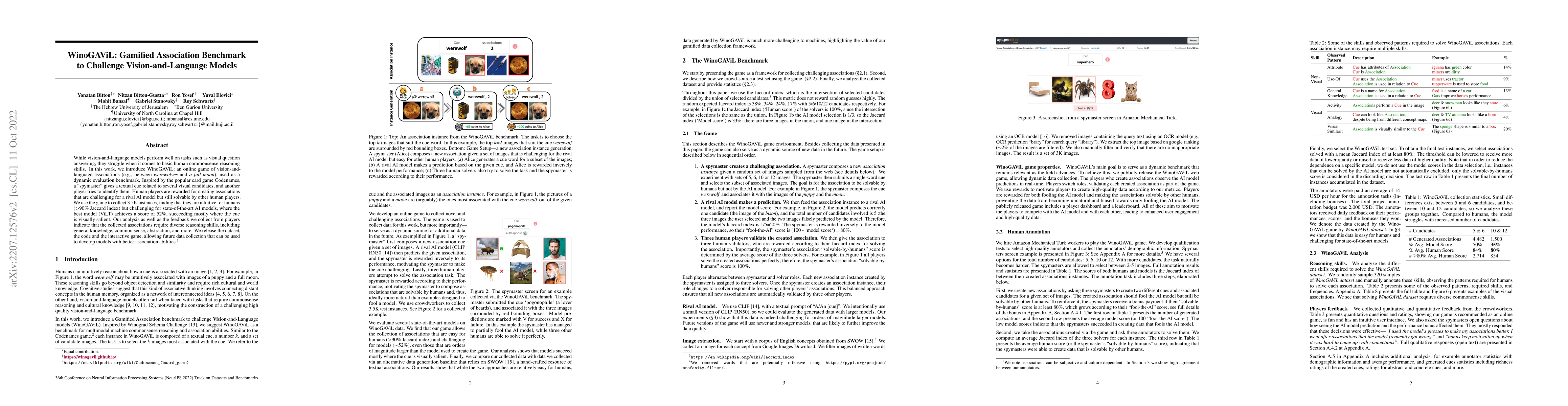 Thumbnail for WinoGAViL: Gamified Association Benchmark to Challenge
  Vision-and-Language Models