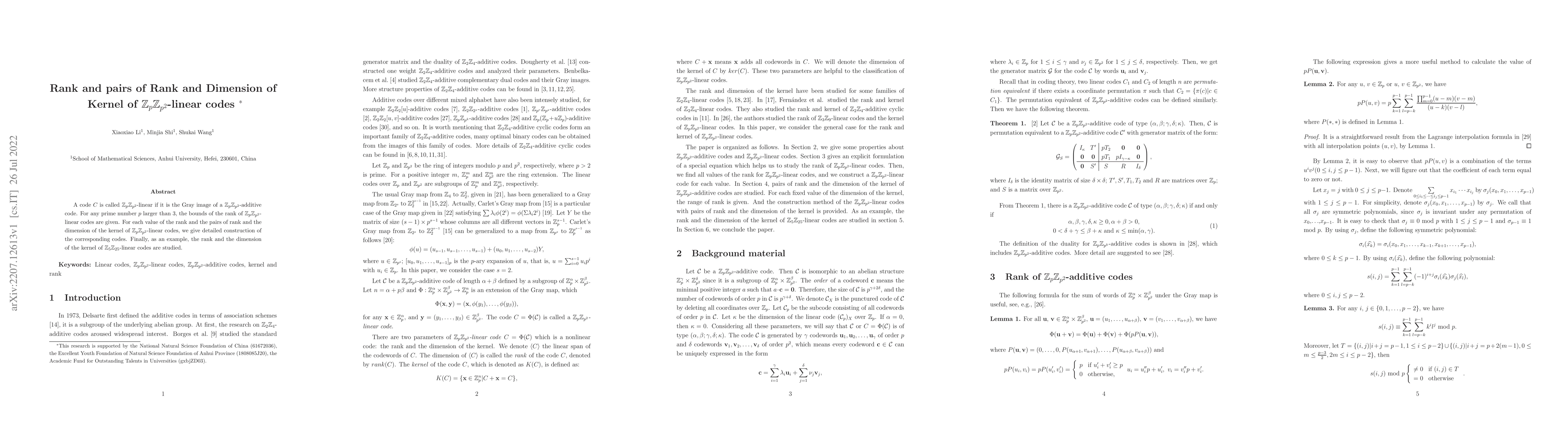Thumbnail for Rank and pairs of Rank and Dimension of Kernel of
  $\mathbb{Z}_p\mathbb{Z}_{p^2}$-linear codes