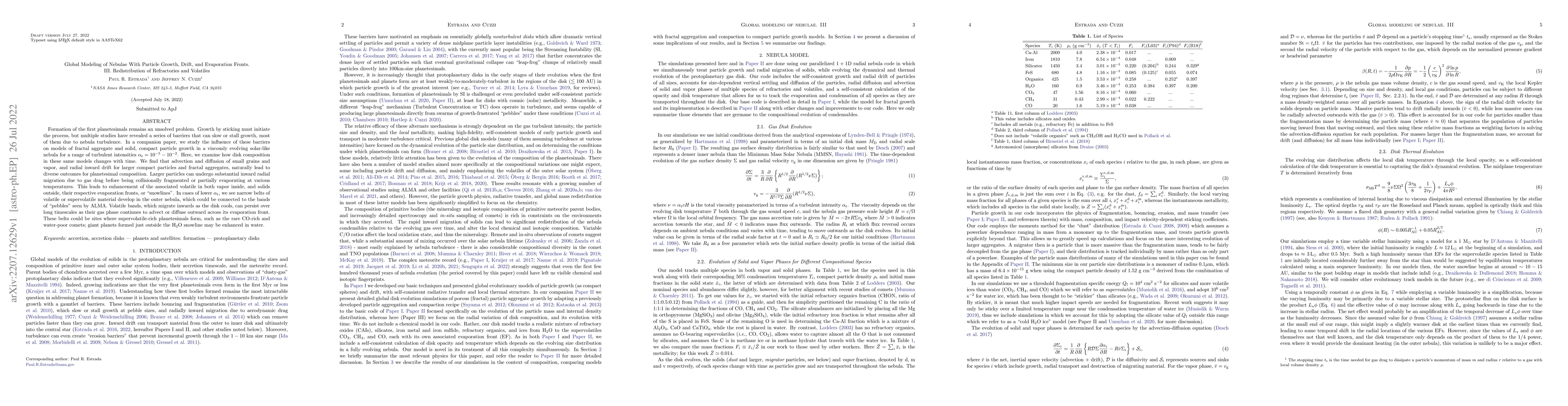 Thumbnail for Global Modeling of Nebulae With Particle Growth, Drift, and Evaporation
  Fronts. III. Redistribution of Refractories and Volatiles