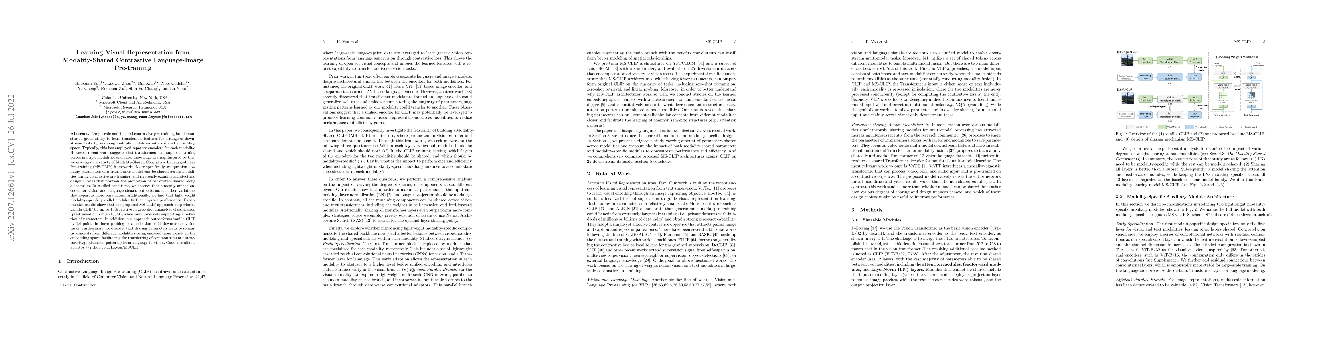 Thumbnail for Learning Visual Representation from Modality-Shared Contrastive
  Language-Image Pre-training
