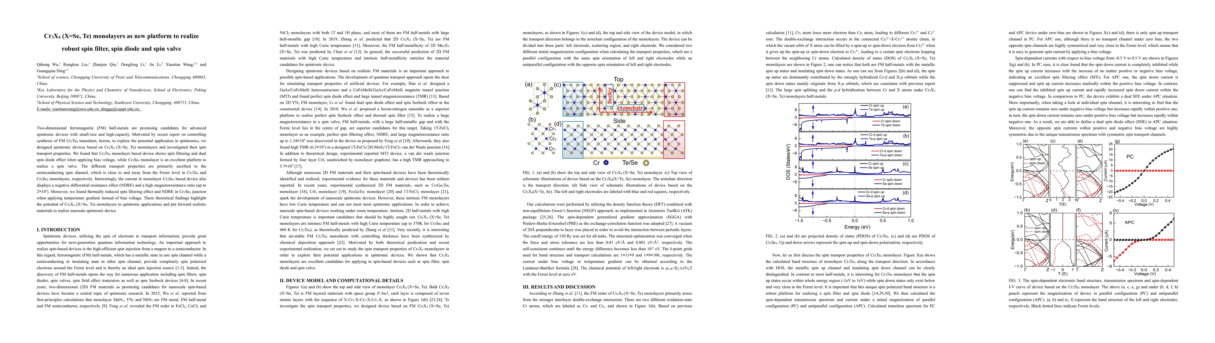 Thumbnail for Cr$_3$X$_4$ (X=Se, Te) monolayers as new platform to realize robust spin
  filter, spin diode and spin valve