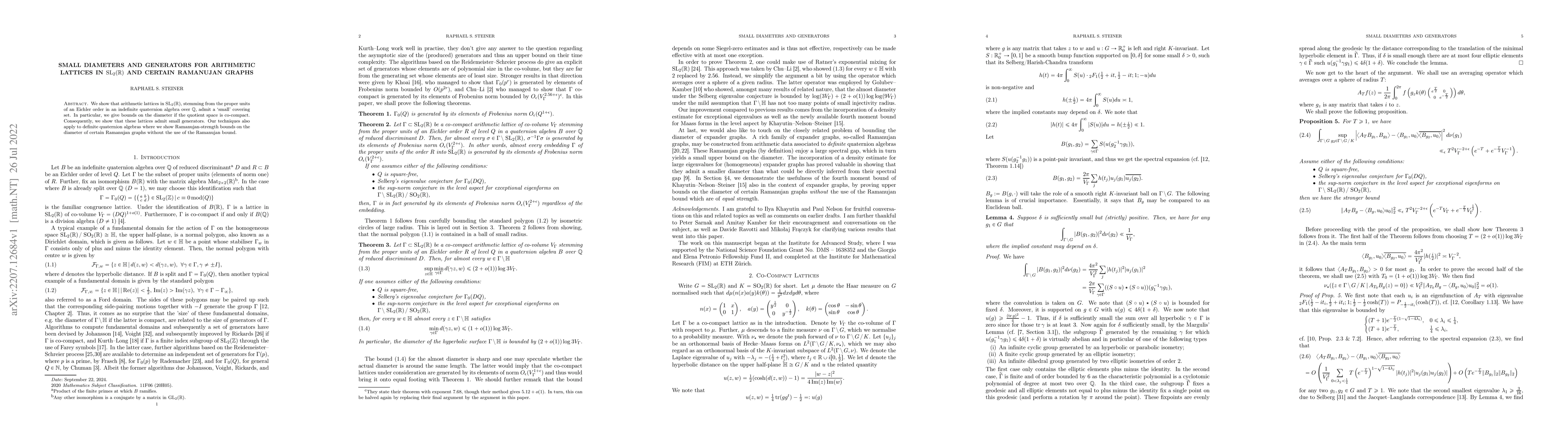 Thumbnail for Small diameters and generators for arithmetic lattices in
  $\mathrm{SL}_2(\mathbb{R})$ and certain Ramanujan graphs