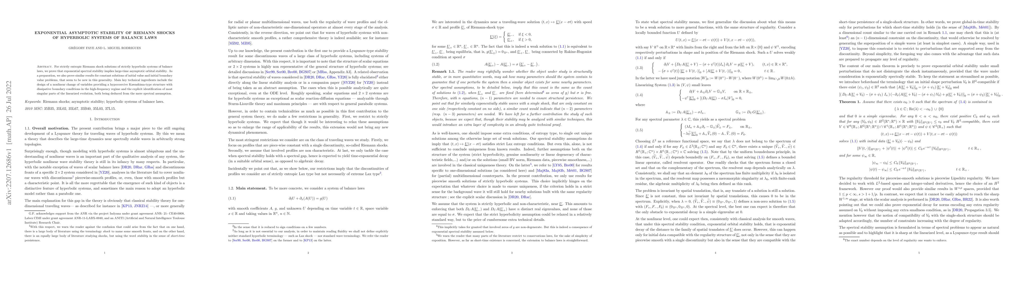 Thumbnail for Exponential asymptotic stability of Riemann shocks of hyperbolic systems
  of balance laws
