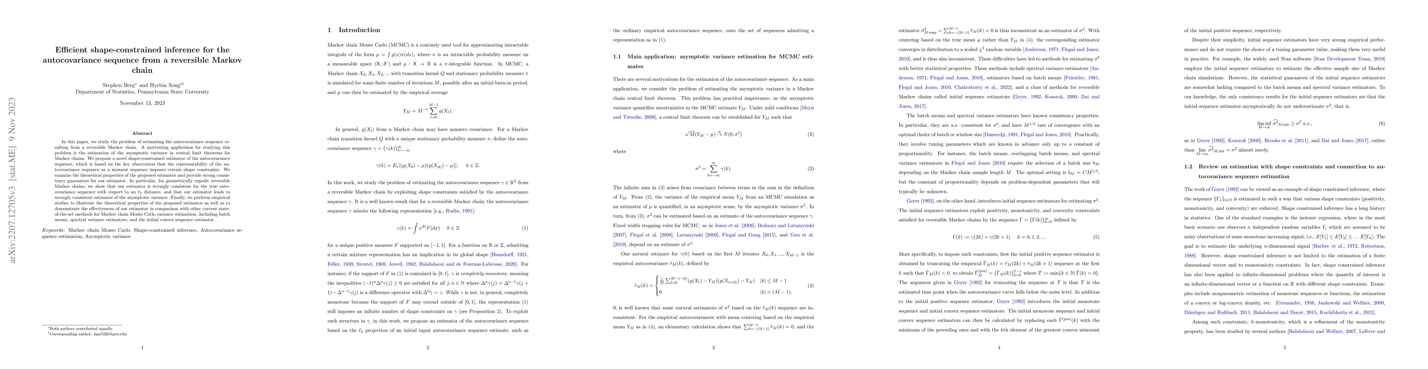 Thumbnail for Efficient shape-constrained inference for the autocovariance sequence
  from a reversible Markov chain