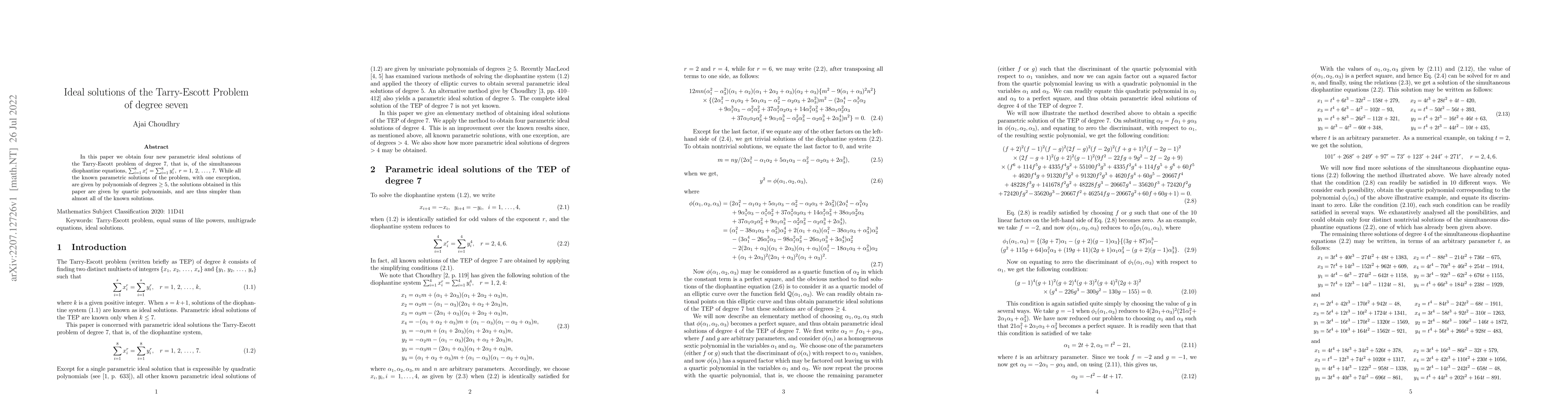 Thumbnail for Ideal solutions of the Tarry-Escott Problem of degree seven