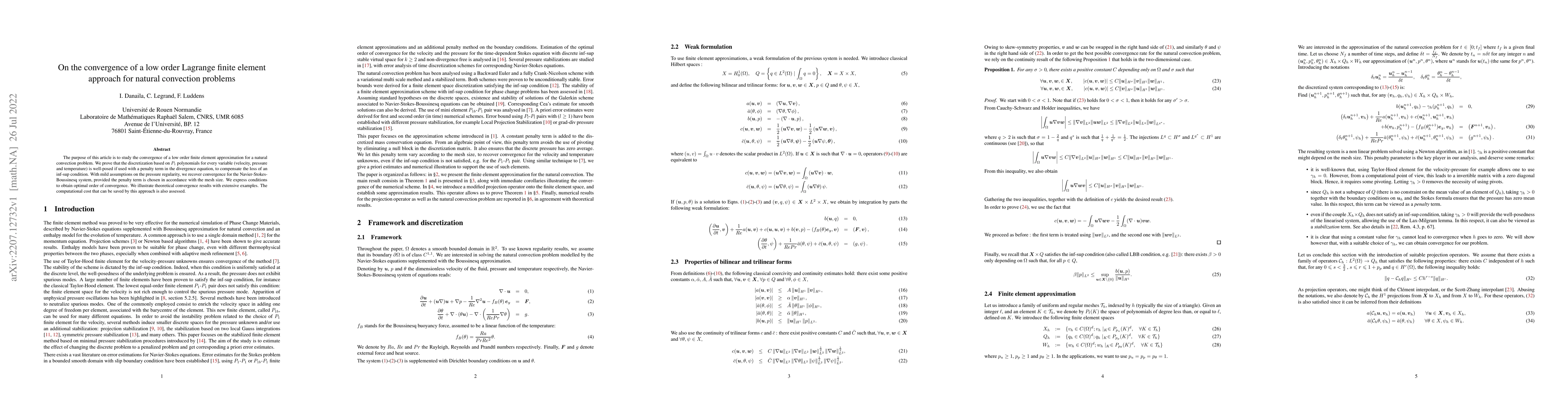Thumbnail for On the convergence of a low order Lagrange finite element approach for
  natural convection problems
