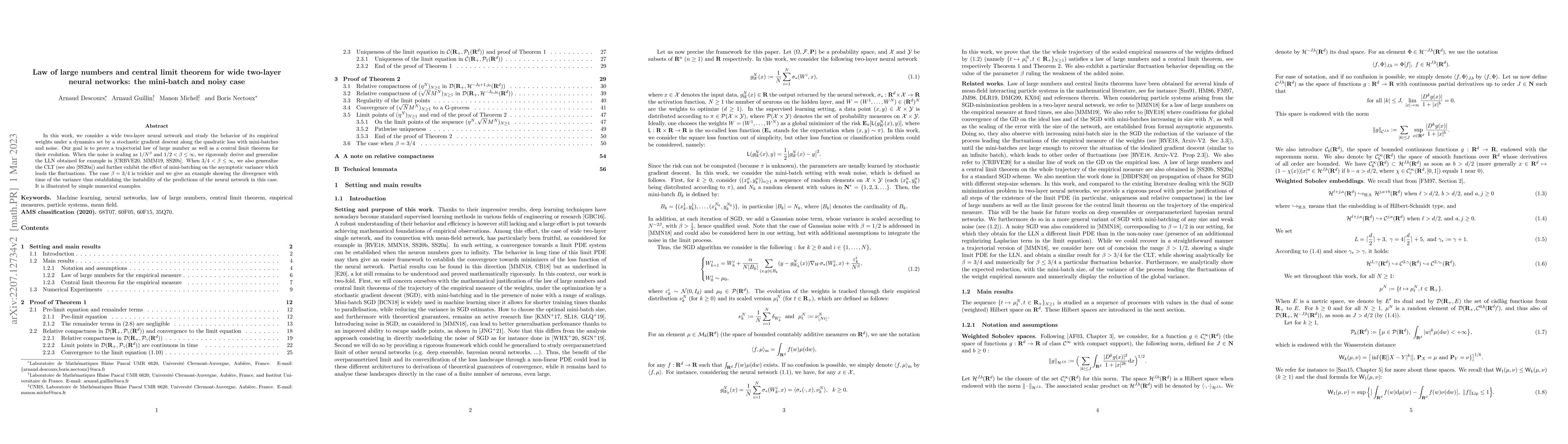 Thumbnail for Law of large numbers and central limit theorem for wide two-layer neural
  networks: the mini-batch and noisy case