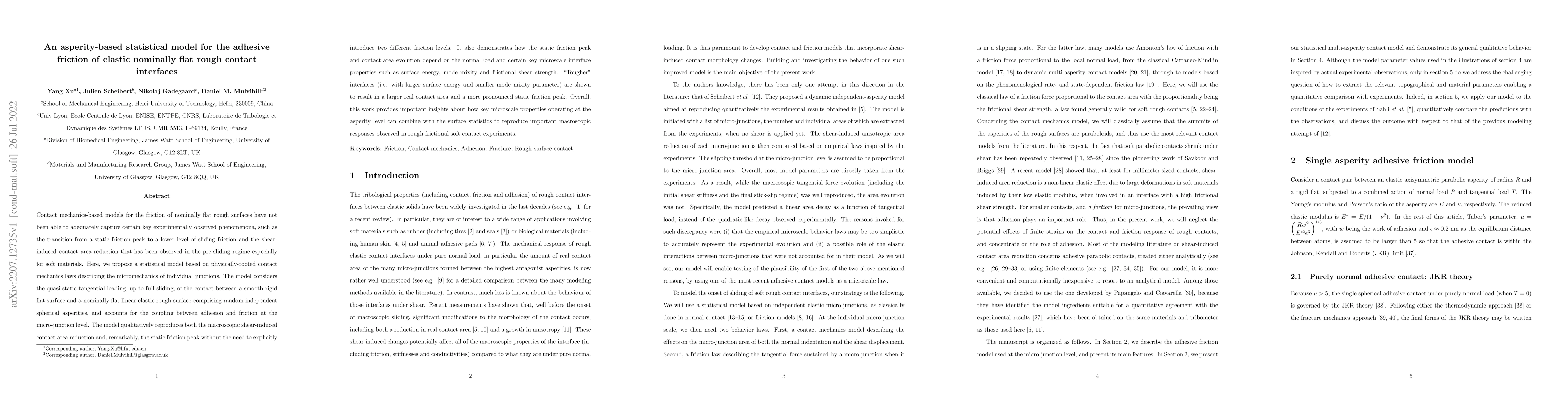 Thumbnail for An asperity-based statistical model for the adhesive friction of elastic
  nominally flat rough contact interfaces