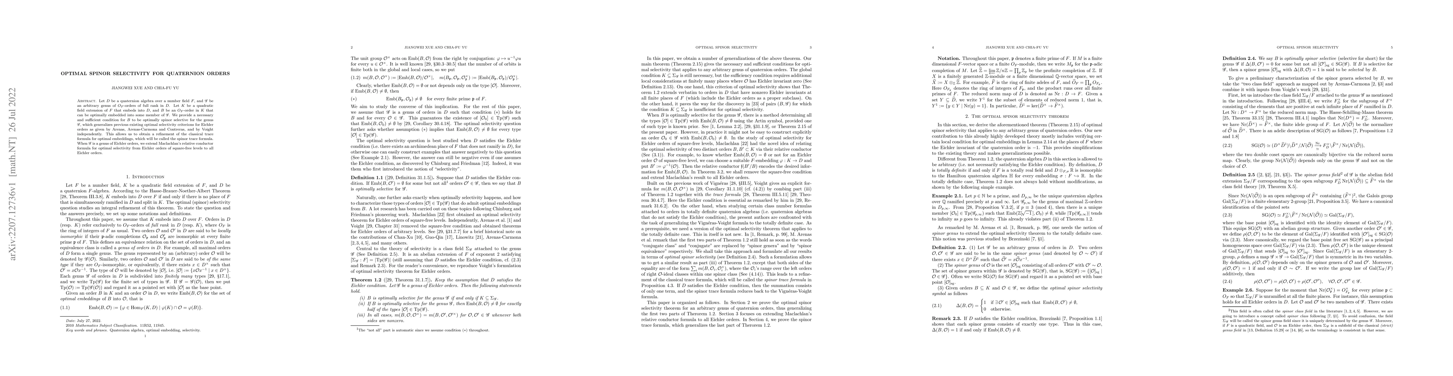 Thumbnail for Optimal spinor selectivity for quaternion orders