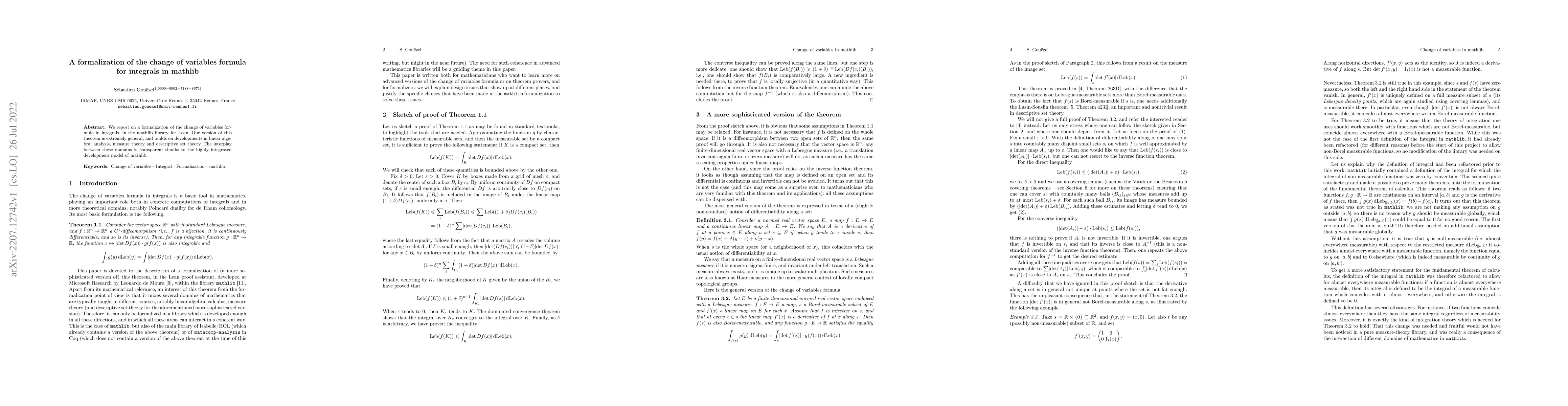 Thumbnail for A formalization of the change of variables formula for integrals in
  mathlib