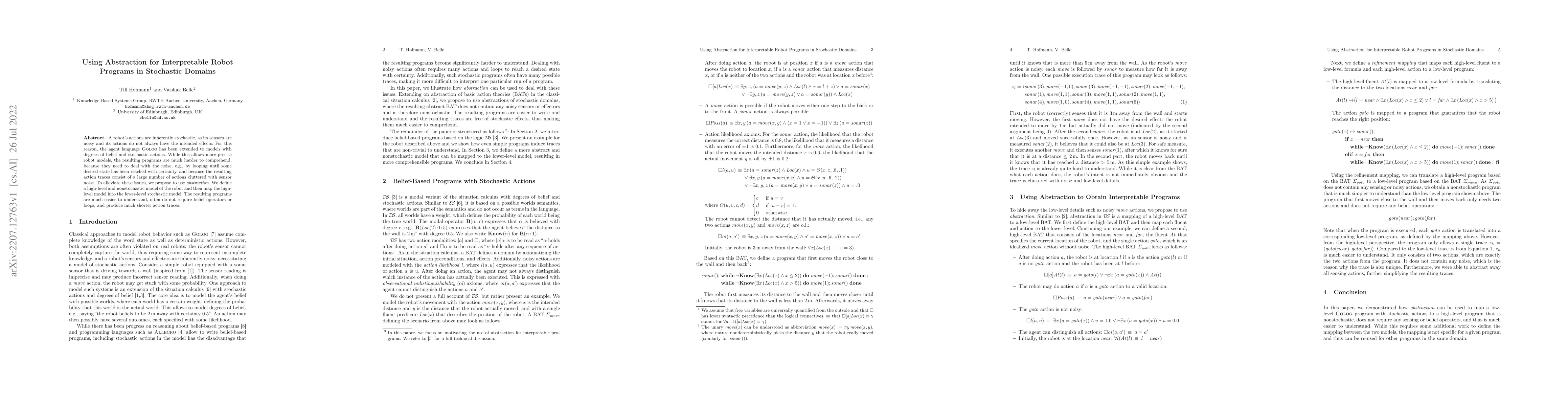 Thumbnail for Using Abstraction for Interpretable Robot Programs in Stochastic Domains