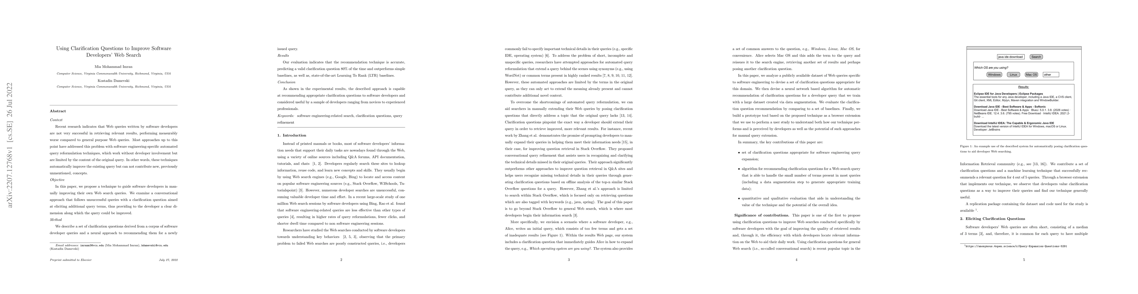 Thumbnail for Using clarification questions to improve software developers' Web search