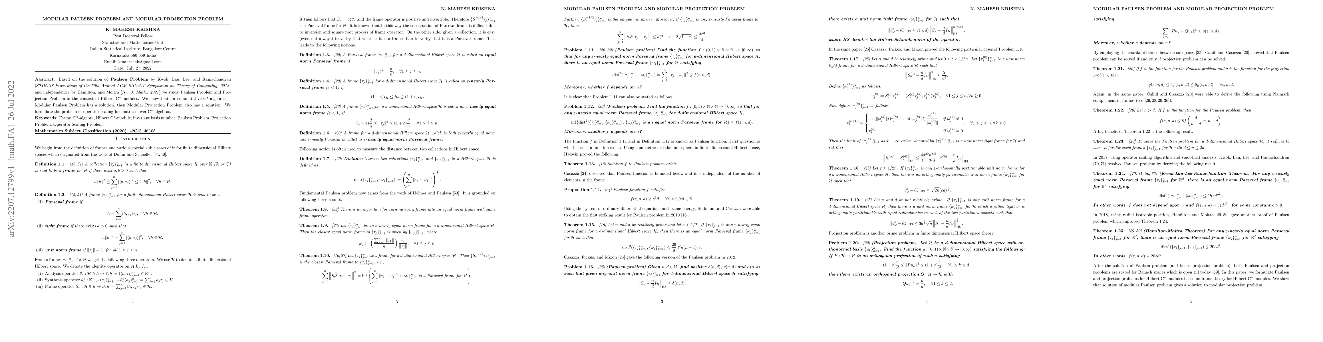 Thumbnail for Modular Paulsen Problem and Modular Projection Problem