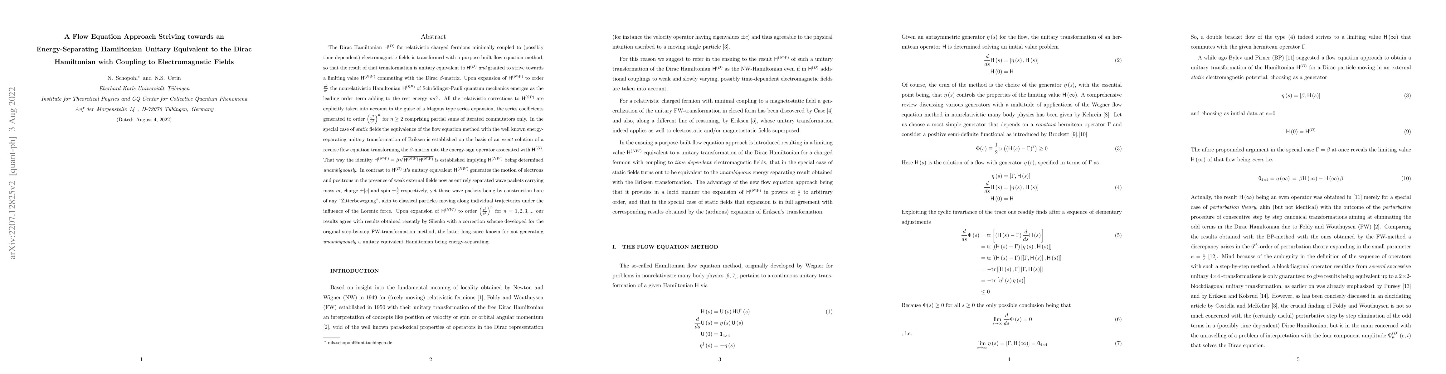 Thumbnail for A Flow Equation Approach Striving Towards an Energy-Separating
  Hamiltonian Unitary Equivalent to the Dirac Hamiltonian with Coupling to
  Electromagnetic Fields