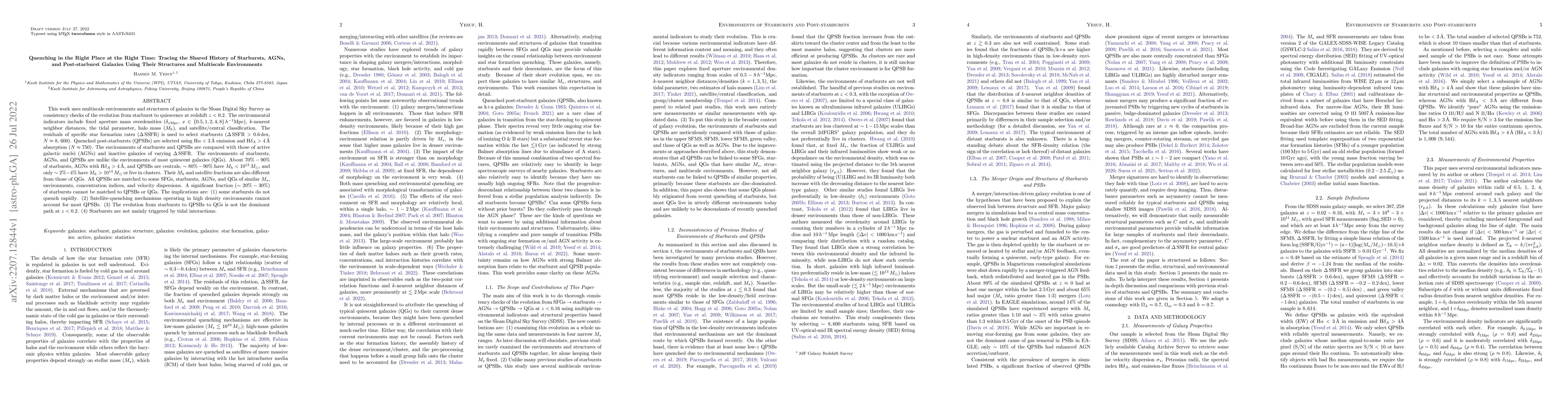 Thumbnail for Quenching in the Right Place at the Right Time: Tracing the Shared
  History of Starbursts, AGNs, and Post-starburst Galaxies Using Their
  Structures and Multiscale Environments