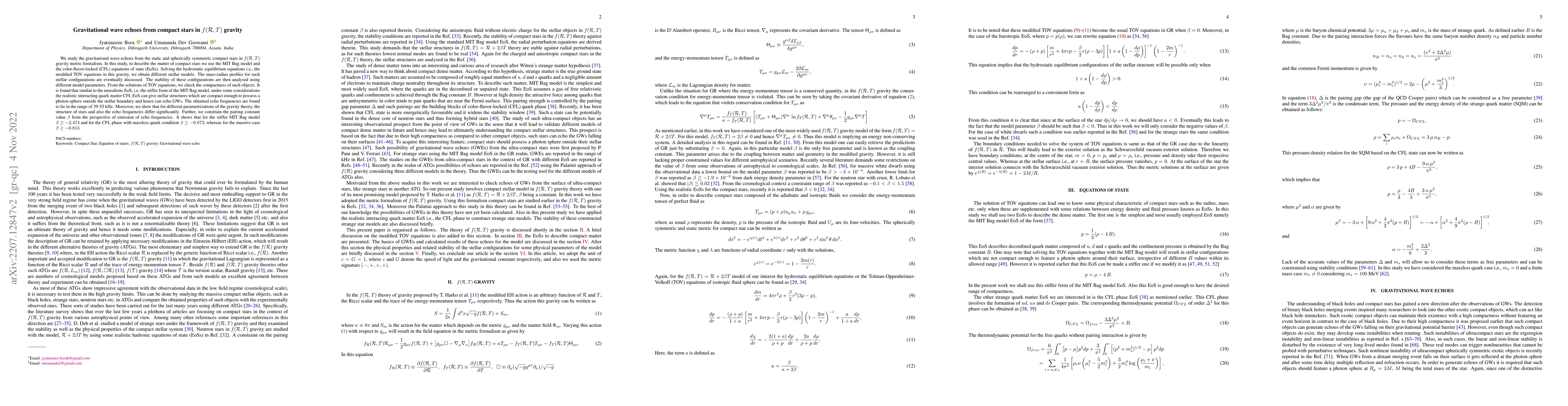 Thumbnail for Gravitational wave echoes from compact stars in $f(\mathcal{R},T)$
  gravity