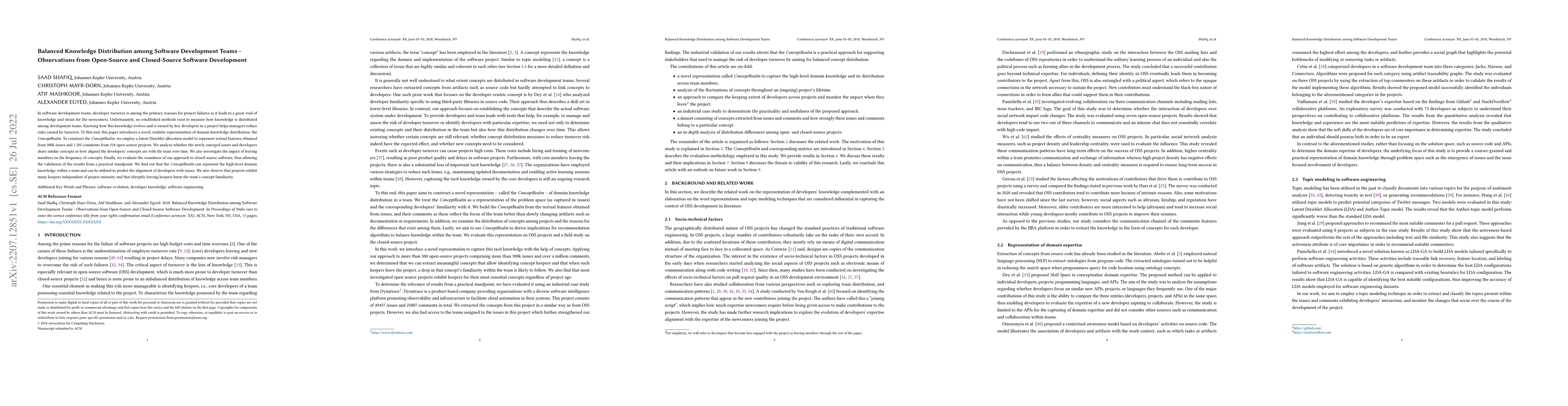 Thumbnail for Balanced Knowledge Distribution among Software Development Teams --
  Observations from Open-Source and Closed-Source Software Development