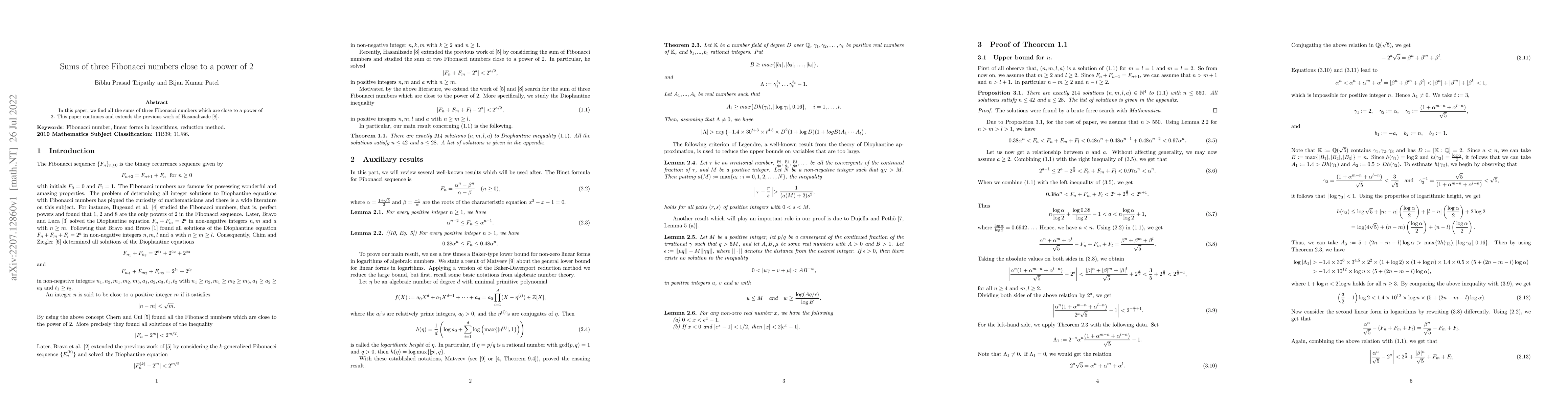 Thumbnail for Sums of three Fibonacci numbers close to a power of 2