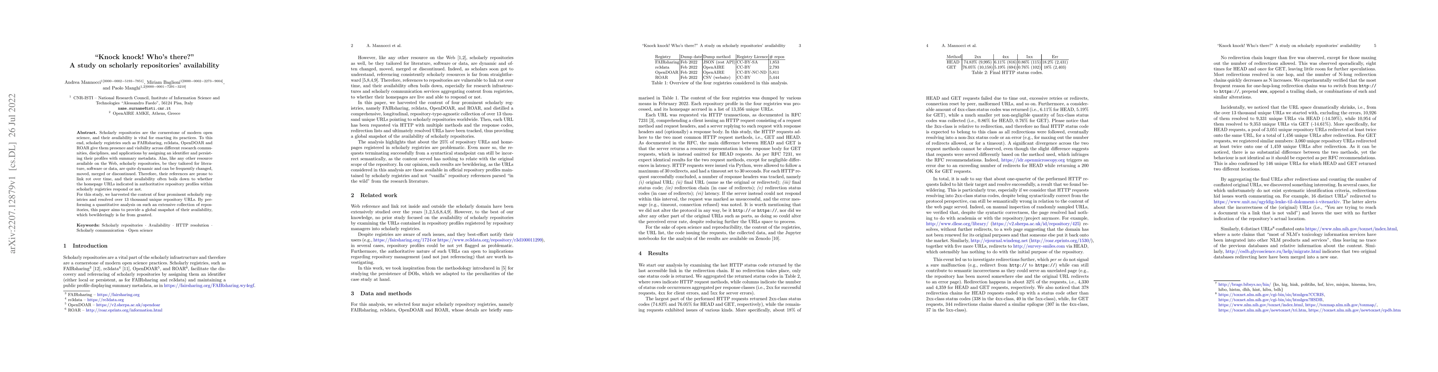 Thumbnail for "Knock knock! Who's there?" A study on scholarly repositories'
  availability