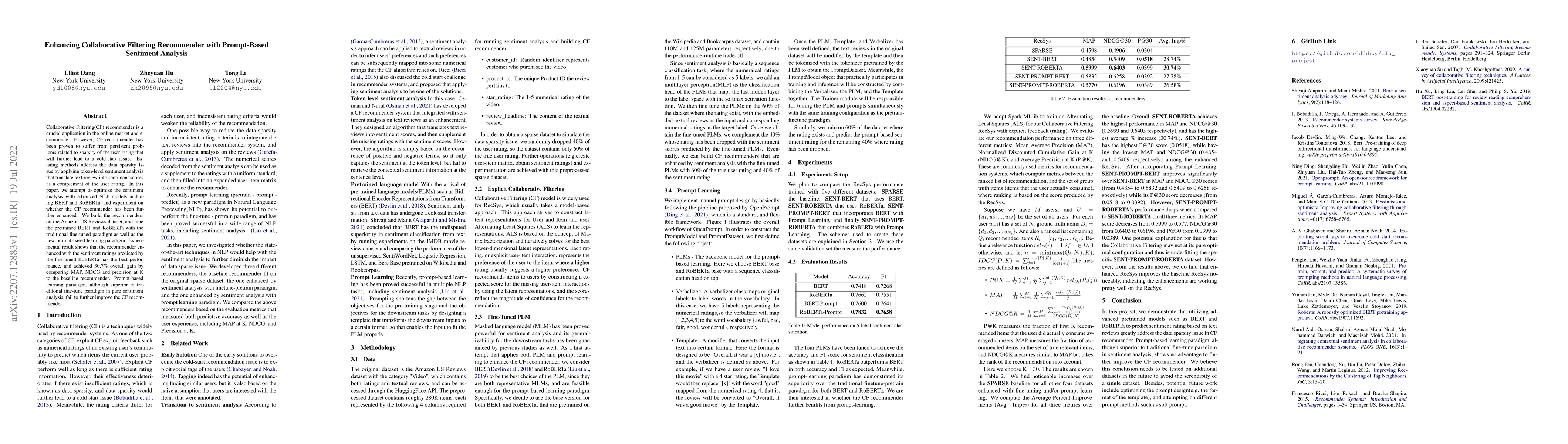 Thumbnail for Enhancing Collaborative Filtering Recommender with Prompt-Based
  Sentiment Analysis