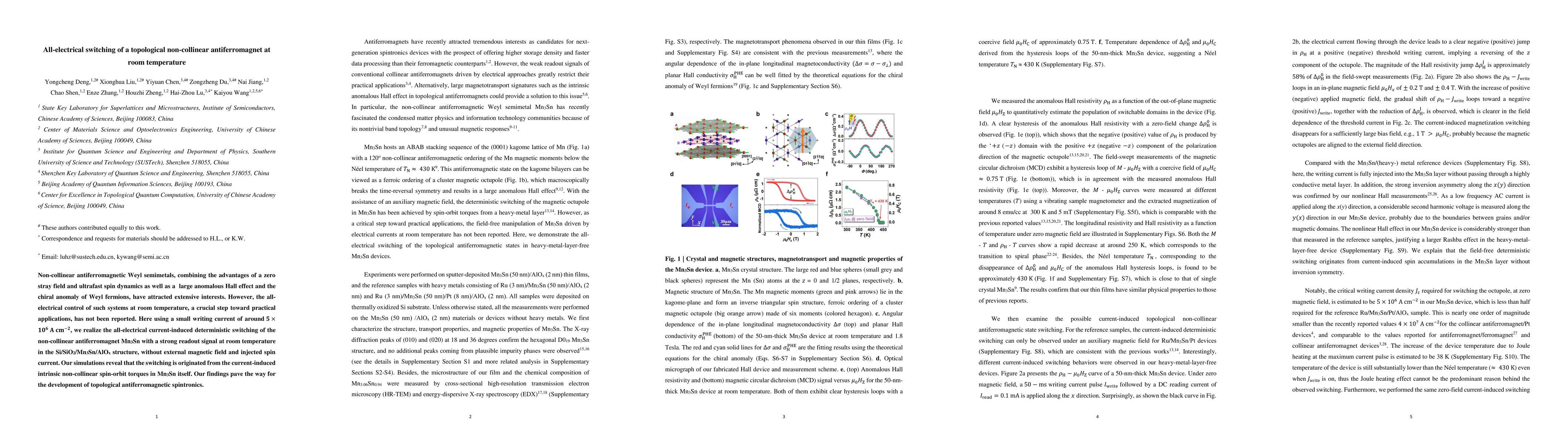 Thumbnail for All-electrical switching of a topological non-collinear antiferromagnet
  at room temperature