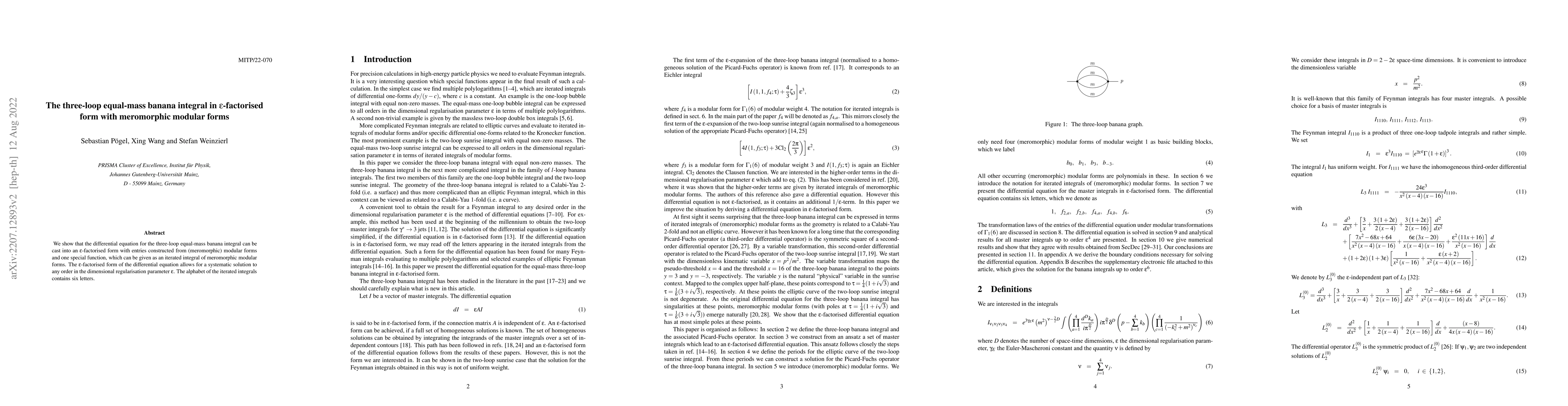 Thumbnail for The three-loop equal-mass banana integral in $\varepsilon$-factorised
  form with meromorphic modular forms