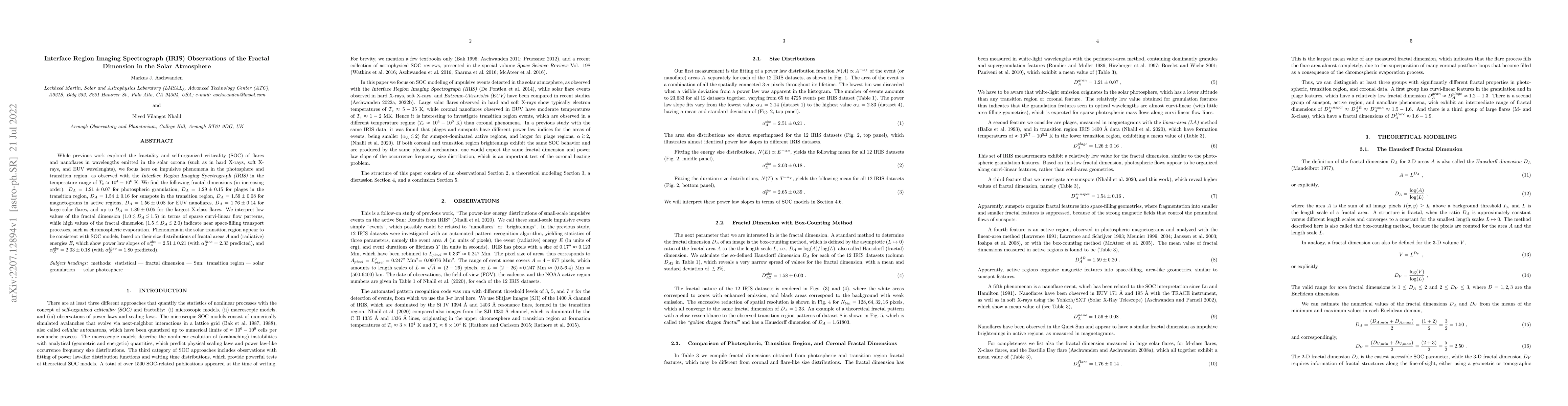 Thumbnail for Interface Region Imaging Spectrograph (IRIS) Observations of the Fractal
  Dimension in the Solar Atmosphere