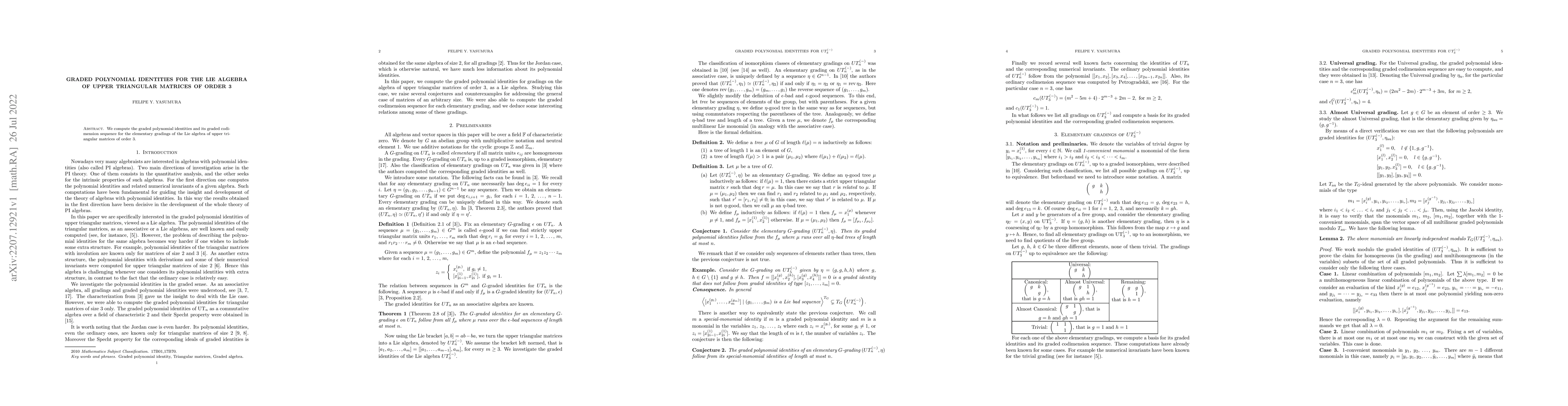 Thumbnail for Graded polynomial identities for the Lie algebra of upper triangular
  matrices of order 3