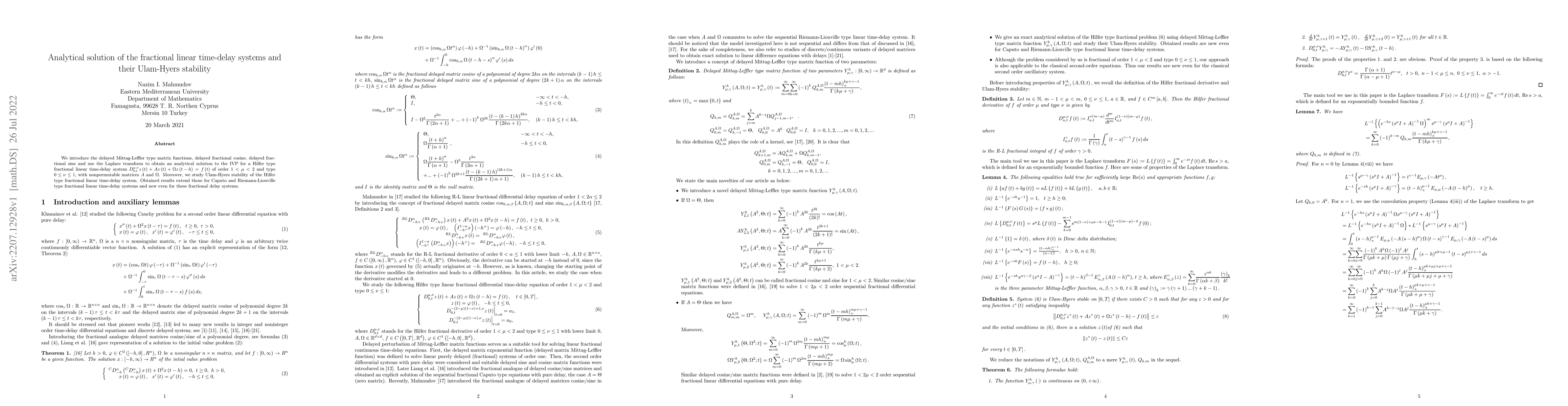 Thumbnail for Analytical solution of the fractional linear time-delay systems and
  their Ulam-Hyers stability